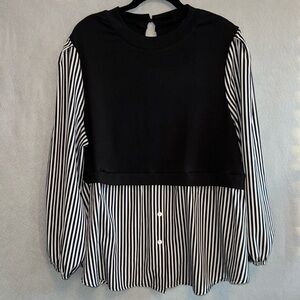 Strip Print Motif Long Lantern Sleeve Top / Blouse